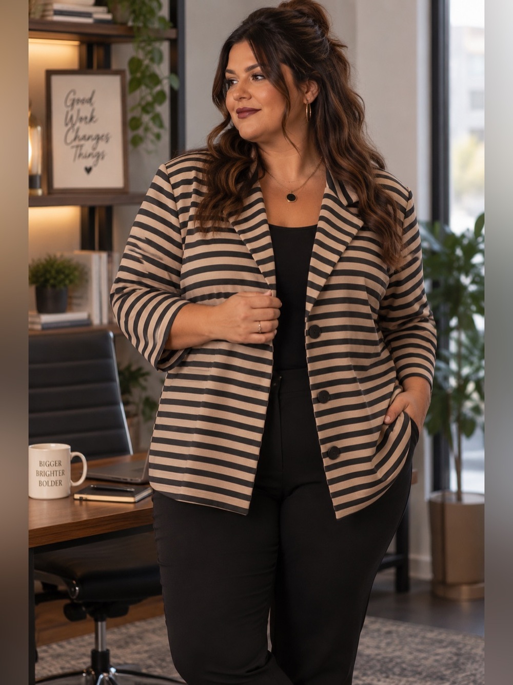 BFA Classics Plus Size 1X Striped Stretch Blazer Jacket Black Taupe